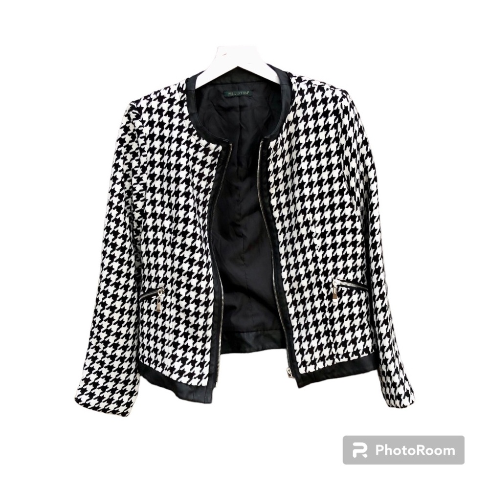 For Cynthia Jacket Coat Houndstooth Vegan Trim Sz.Medium